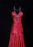 Vintage 80s Mermaid Halter Red Satin Prom Dress Long Party Gowns Evening Dresses HZ0311