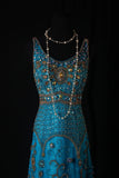 Classy Prom Dresses 1950s A line Tulle With Gold Beaded Blue Long Parties Gowns Evening Dress HZ0311