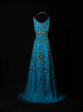 Classy Prom Dresses 1950s A line Tulle With Gold Beaded Blue Long Parties Gowns Evening Dress HZ0311