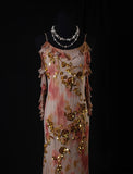 Classy Prom Dresses 1950s Mermaid Spaghetti Straps Chiffon With Gold Beaded Long Parties Gowns Evening Dress HZ0311