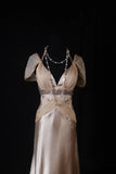 Classy Prom Dresses 1950s A line V Neckline Champagne Chiffon With Beaded Vintage Long Parties Gowns Evening Dress HZ0311