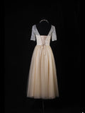 Simple A Line Scoop Neck With Half Sleeves Tulle Lace Bridesmaid Dresses HZ0311