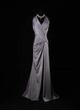 Simple Mermaid V Neck Gray Satin With Pleated Long Bridesmaid Dresses HZ0311