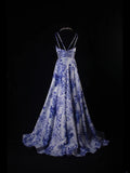 Vintage A line Spaghetti Straps Floral Royal Blue Satin Long Formal Old 1950s Prom Dresses Night Outfits Party Gowns HZ0311