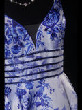 Vintage A line Spaghetti Straps Floral Royal Blue Satin Long Formal Old 1950s Prom Dresses Night Outfits Party Gowns HZ0311