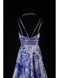 Vintage A line Spaghetti Straps Floral Royal Blue Satin Long Formal Old 1950s Prom Dresses Night Outfits Party Gowns HZ0311