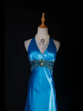 Vintage A line Halter Blue Satin Long Formal Old 1950s Prom Dresses Night Outfits Party Gowns HZ0311