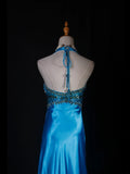 Vintage A line Halter Blue Satin Long Formal Old 1950s Prom Dresses Night Outfits Party Gowns HZ0311