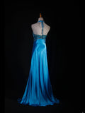 Vintage A line Halter Blue Satin Long Formal Old 1950s Prom Dresses Night Outfits Party Gowns HZ0311