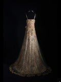Vintage A line Spaghetti Straps Champagne Lace Long Formal Old 1950s Prom Dresses Night Outfits Party Gowns HZ0311