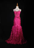 Classy Prom Dresses 1950s Mermaid Spaghetti Straps Chiffon Hot Pink Layered Beaded Long Parties Gowns Evening Dress HZ0311