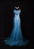 Classy Prom Dresses 1950s Mermaid Spaghetti Straps Blue Tulle Beaded Long Parties Gowns Evening Dress HZ0311