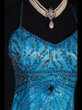 Classy Prom Dresses 1950s Mermaid Spaghetti Straps Blue Tulle Beaded Long Parties Gowns Evening Dress HZ0311