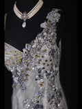 Classy Prom Dresses 1950s Mermaid Spaghetti Strap Silver Gray Lace With Beaded Long Parties Gowns Evening Dress HZ0311