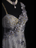 Classy Prom Dresses 1950s Mermaid Spaghetti Strap Silver Gray Lace With Beaded Long Parties Gowns Evening Dress HZ0311
