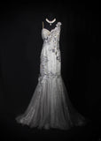 Classy Prom Dresses 1950s Mermaid Spaghetti Strap Silver Gray Lace With Beaded Long Parties Gowns Evening Dress HZ0311