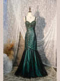 Classy Prom Dresses 1950s Mermaid Spaghetti Straps Dark Green Tulle Long Parties Gowns Evening Dress HZ0311