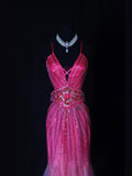 Shinning Mermaid Spaghetti Straps Hot Pink Backless Beaded Bodice Long Prom Dresses Impress 18th Birthday Outfits Prom Gown HZ0311