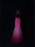 Shinning Mermaid Spaghetti Straps Hot Pink Backless Beaded Bodice Long Prom Dresses Impress 18th Birthday Outfits Prom Gown HZ0311