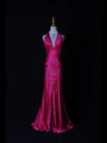 Vintage Mermaid V Neck Halter Hot Pink Satin With Flowers Beaded Bodice Long Prom Dresses Impress 18th Birthday Outfits Prom Gown HZ0311