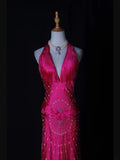 Vintage Mermaid V Neck Halter Hot Pink Satin With Flowers Beaded Bodice Long Prom Dresses Impress 18th Birthday Outfits Prom Gown HZ0311