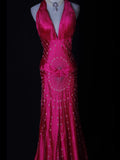 Vintage Mermaid V Neck Halter Hot Pink Satin With Flowers Beaded Bodice Long Prom Dresses Impress 18th Birthday Outfits Prom Gown HZ0311