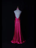 Vintage Mermaid V Neck Halter Hot Pink Satin With Flowers Beaded Bodice Long Prom Dresses Impress 18th Birthday Outfits Prom Gown HZ0311