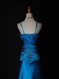 Vintage A Line Spaghetti Straps Blue Satin Sequins With Beaded Bodice Long Prom Dresses Impress 18th Birthday Outfits Prom Gown HZ0311