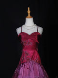 Retro Mermaid Spaghetti Straps Hot Pink Satin Tea Length 16th Birthday Dress Homecoming Dresses Cocktail Gown HZ0311