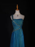 Retro A line One Shoulder Chiffon Blue With Beads Bodice Long Prom Dresses Impress 18th Birthday Outfit Formal Gown HZ0311