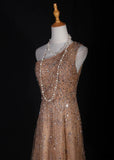 Retro 90s A line One Shoulder Champagne Tulle With Beads Bodice Long Prom Dresses Inspo 18th Birthday Outfit Formal Gown HZ0311