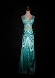 Vintage Mermaid Spaghetti Straps Tiffany Blue Satin Slit 1950s With Beads Bodice Long Prom Dresses Impress 18th Birthday Outfit Formal Gown HZ0311