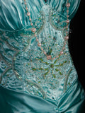 Vintage Mermaid Spaghetti Straps Tiffany Blue Satin Slit 1950s With Beads Bodice Long Prom Dresses Impress 18th Birthday Outfit Formal Gown HZ0311