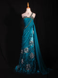 Retro 1960s A line One Shoulder Chiffon With Gold Beads Bodice Long Prom Dresses Inspo 22th Birthday Outfit Formal Gown HZ0311