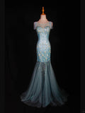 Vintage Mermaid 80s Boat Blue Tulle With Beads Long Prom Dresses Impress 20th Birthday Outfit Formal Gowns HZ0311