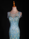 Vintage Mermaid 80s Boat Blue Tulle With Beads Long Prom Dresses Impress 20th Birthday Outfit Formal Gowns HZ0311