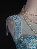 Vintage Mermaid 80s Boat Blue Tulle With Beads Long Prom Dresses Impress 20th Birthday Outfit Formal Gowns HZ0311