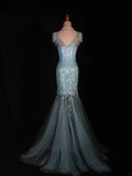 Vintage Mermaid 80s Boat Blue Tulle With Beads Long Prom Dresses Impress 20th Birthday Outfit Formal Gowns HZ0311