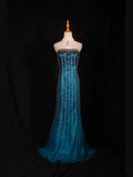 Retro 1950s Mermaid Strapless Blue Chiffon With Gem Beads Bodice Long Prom Dresses Inspo 22th Birthday Outfit Formal Gown HZ0311