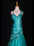 Vintage Mermaid 90s Spaghetti Straps Blue Satin Flowers With Beads Long Prom Dresses Inspo 20th Birthday Outfit Formal Gowns HZ0311
