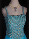Vintage A line 90s Spaghetti Straps Blue Tulle With Pearls Beads Long Prom Dresses Inspo 20th Birthday Outfit Formal Gowns HZ0311
