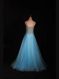 Vintage A line 90s Spaghetti Straps Blue Tulle With Pearls Beads Long Prom Dresses Inspo 20th Birthday Outfit Formal Gowns HZ0311