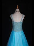 Vintage A line 90s Spaghetti Straps Blue Tulle With Pearls Beads Long Prom Dresses Inspo 20th Birthday Outfit Formal Gowns HZ0311