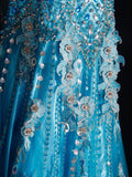 Vintage 70s Mermaid Spaghetti Straps Blue Silver Beaded Bodice Tulle Plus Size Long Prom Dresses Impress 21th Birthday Outfits Prom Gown HZ0311