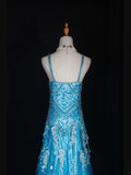 Vintage 70s Mermaid Spaghetti Straps Blue Silver Beaded Bodice Tulle Plus Size Long Prom Dresses Impress 21th Birthday Outfits Prom Gown HZ0311