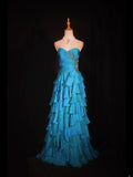Retro 1950s A line Sweetheart Blue Chiffon With Beads Layered Long Prom Dresses Inspo 22th Birthday Outfit Formal Gown HZ0311