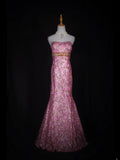 Vintage Mermaid 80s Strapless Pink Sequins With Gold Beads Long Prom Dresses Inspo 20th Birthday Outfit Formal Gowns HZ0311