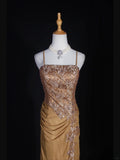 Vintage 70s Mermaid Spaghetti Straps Gold Lace Beaded Bodice Plus Size Long Prom Dresses Impress 21th Birthday Outfits Prom Gown HZ0311