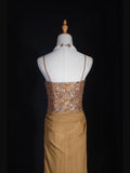 Vintage 70s Mermaid Spaghetti Straps Gold Lace Beaded Bodice Plus Size Long Prom Dresses Impress 21th Birthday Outfits Prom Gown HZ0311