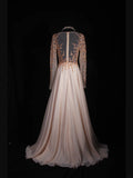 Retro 80s A line Scoop Neck Long Sleeves Blush Pink Chiffon With Beads Prom Dresses Inspo 22th Birthday Outfit Formal Gown HZ0311